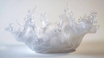 A large, white water splash, frozen in mid-air, against a white background. The splash is asymmetrical, with a large, central crown of water and smaller droplets radiating outward.