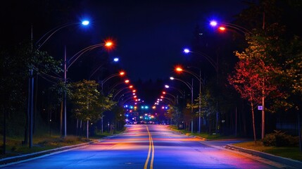 Obraz premium Vibrant streetlights glowing with rich colors along a nighttime street, casting beautiful patterns of light on the road ahead