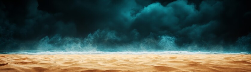 Moody seascape with dark clouds and sandy beach, dramatic ocean atmosphere.