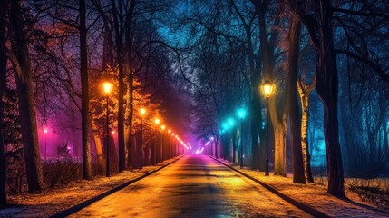 A beautiful nighttime road lined with colorful streetlights, casting a vibrant, glowing path of lights, perfect for a dreamy nightscape