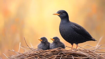 Mother bird with two chicks in a nest, soft focus background