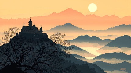A majestic castle perched atop a mountain range with a misty valley below, bathed in the warm glow of sunrise.