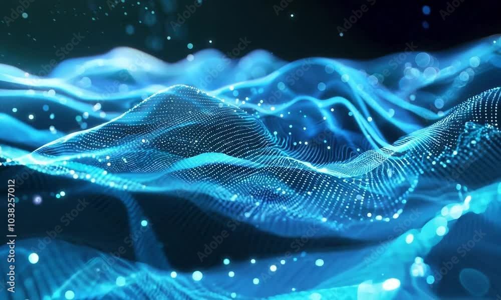 Poster futuristic digital waves on a dark background depicting a concept of cyber technology and data flow.