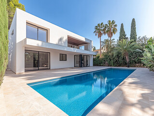 Fototapeta premium Modern white villa with swimming pool surrounded by palm trees on a sunny day in a tranquil setting