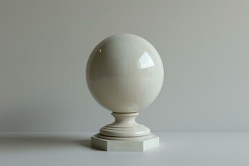 White sphere is standing on a stand, casting a soft shadow on a white background