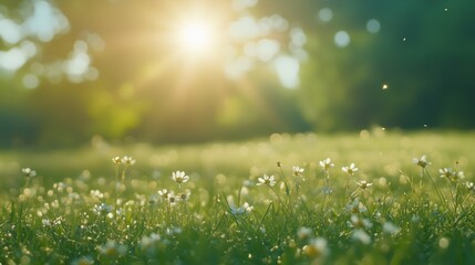 Fototapeta premium Summer green grass meadow with sunshine views on blurred wild field outdoor background with copy space