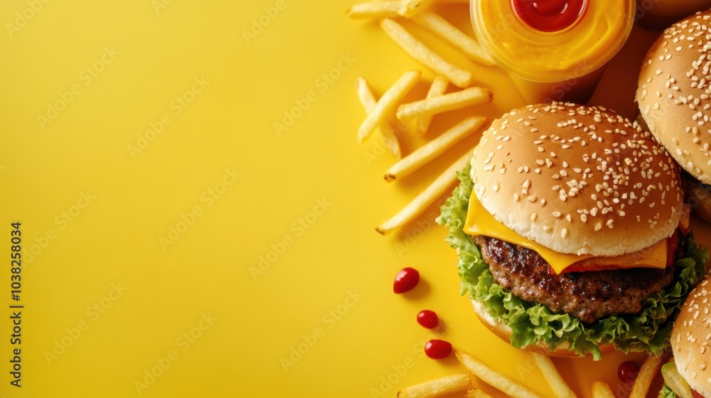 Aufkleber brightly colored burgers and crispy fries are arranged around the edges of the frame, inviting a tas