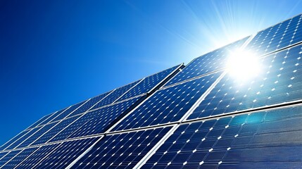 Solar panels against a bright blue sky, symbol of clean and renewable energy sunlight