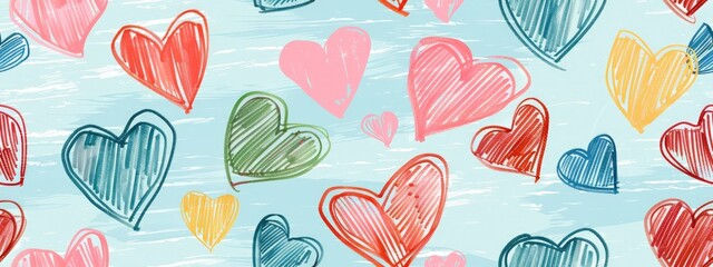 Seamless Pattern of Hearts in Various Sizes and Colors on Soft Pastel Background