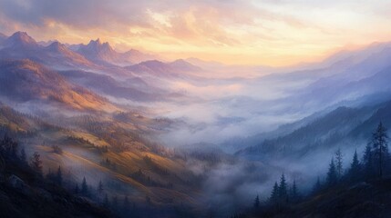 Fototapeta premium A misty mountain range at dawn, with soft light illuminating the rolling hills and fog, creating a tranquil and untouched scene