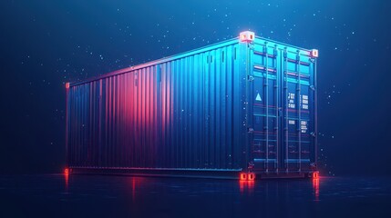 Obraz premium Polygonal 3d cargo container in dark blue background. Online cargo delivery service, logistics or tracking app concept. Abstract illustration of online freight delivery service.