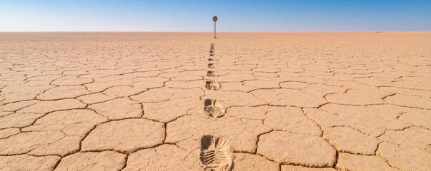 A vast dry landscape with cracked earth and a single set of foot prints leading towards a distant pole, symbolizing isolation and the challenges of nature.