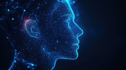 Futuristic polygonal 3d man made of glowing linear polygons in dark blue color. Abstract illustration for online business, it, network, support, services app concept.