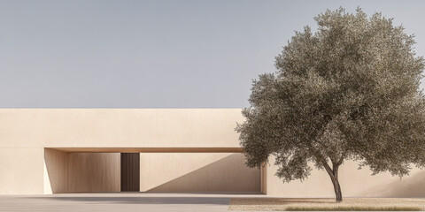 Modern architecture with a minimalist design featuring a tree and open space in bright daylight