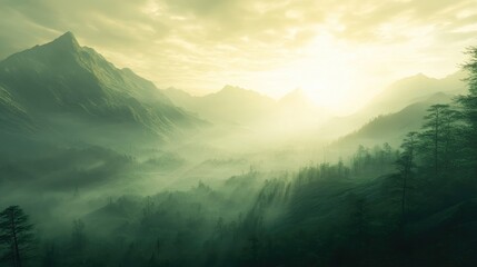 Fototapeta premium A misty mountain valley at dawn, with soft sunlight filtering through the fog, symbolizing the beauty and serenity of untouched nature