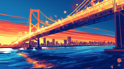 Obraz premium 1970年代、1980年代のシティポップをイメージしたグラフィックアート-橋と夜の都会,レトロポップ,懐かしい,エモーショナル,チル,背景素材