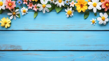 Obraz premium Blue wood floral background, rustic texture with delicate flowers for design inspiration
