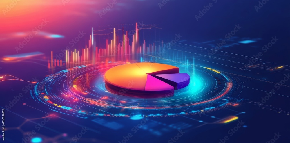Poster 3d pie chart on a digital interface with lines and data