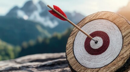 A wooden archery target with a red arrow hitting the bullseye, set against a beautiful mountain landscape in soft focus.