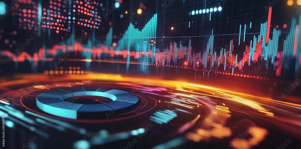Poster abstract digital data visualization with a circular element and colorful lines