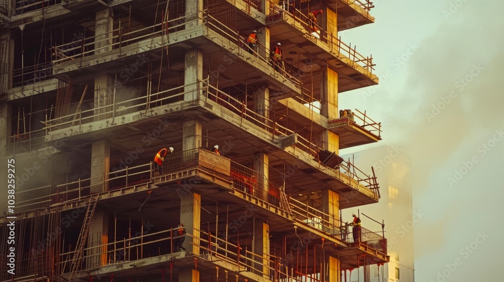 Poster a detailed shot of concrete being poured into forms on the upper floors of a skyscraper, with scaffo