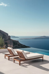 Fototapeta premium Serene poolside loungers overlooking a breathtaking sea view in Santorini on a sunny day