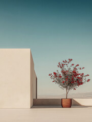 Obraz premium A solitary flowering plant stands against a minimalistic building in a serene outdoor setting