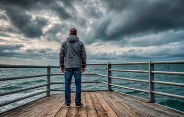 Obraz premium A man stands on the pier and admires the sea and thick clouds
