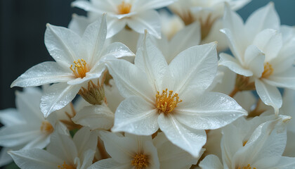 Obraz premium Charming white glass flowers with gold centers in a soft, light-filled arrangement