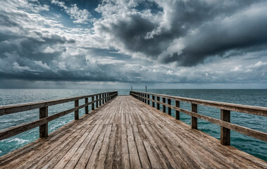 Obraz premium Empty wooden pier leading to the endless expanse of the ocean