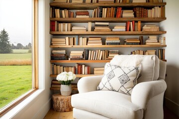 Cozy reading nook featuring a comfortable white armchair beside a window, surrounded by a wooden bookshelf filled with books and decorative flowers.