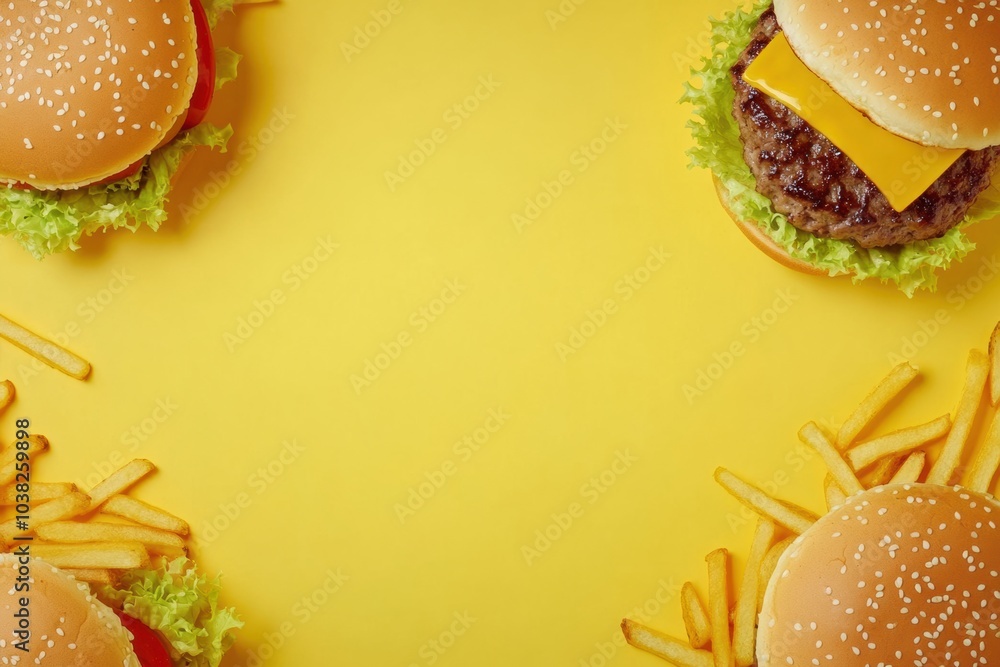 Leinwandbilder colorful illustrations of delicious burgers and crispy fries surround an empty center space ideal fo