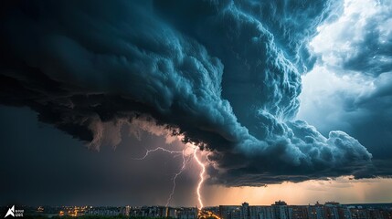 Dramatic thunderstorm with dark clouds and striking lightning illuminating the sky over a cityscape during twilight.