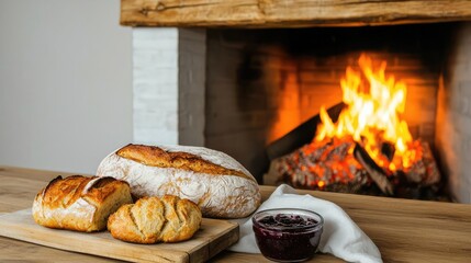 Freshly baked bread and pastries on a wooden board beside a cozy fireplace, creating a warm and inviting atmosphere.