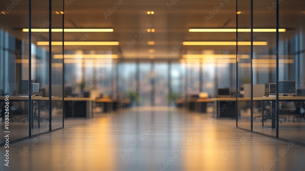 Poster Corporate office space captured a soft blur with overhead lighting reflecting off modern desks creating a futuristic yet minimal work environment