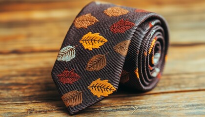 Stylish tie with a leaf pattern, rolled on a rustic wooden surface, perfect for autumn fashion.