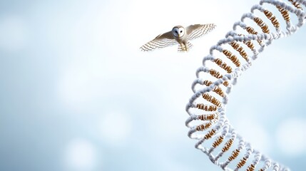 Naklejka premium Owl flying near a DNA double helix strand on a soft blue background.