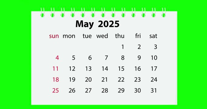 Calendar for 2025 new year from january to december flipping through month. Close up of flipped calendar page change on green background. Chroma key. 4k video graphic motion