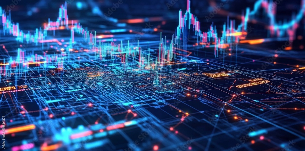 Poster abstract digital network with glowing lines and data signals