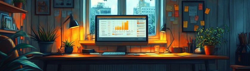 A cozy workspace with a modern computer setup productivity and creativity in a sunlit room