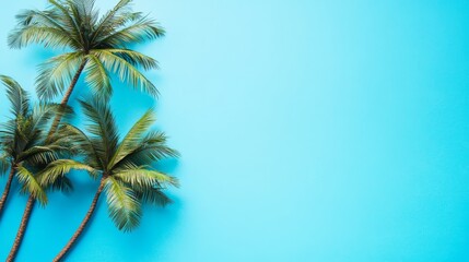 Serene tropical paradise, palm trees against a vibrant blue sky