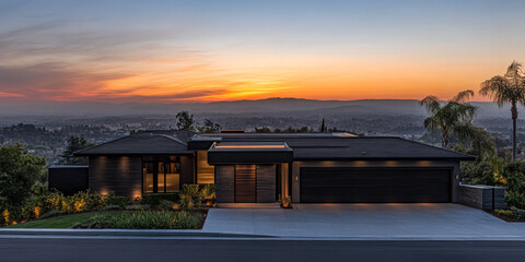 Fototapeta premium Modern hillside residence at sunset with panoramic views in a tranquil neighborhood