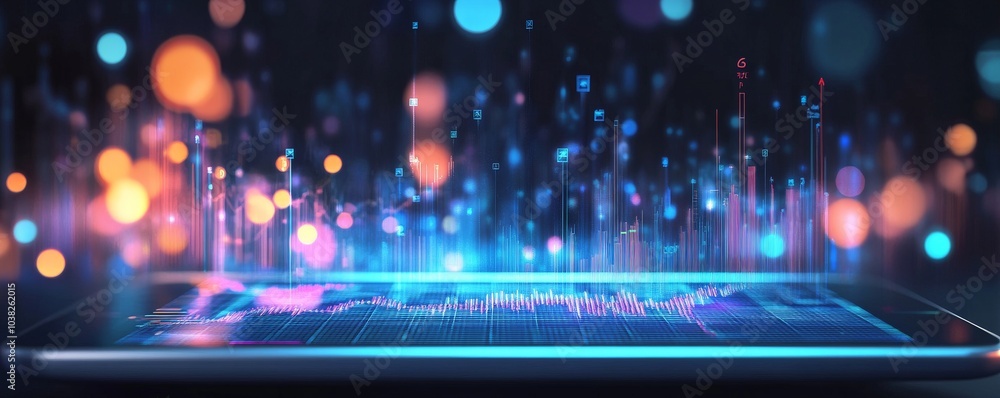 Poster a tablet screen displaying data visualization with a bokeh background