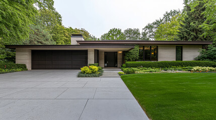 Contemporary house with modern design surrounded by lush greenery in a serene residential area