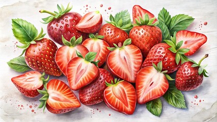 Watercolor Strawberry Collection - Ripe Whole and Sliced Strawberries, Hand-Drawn Berries, Fresh Fruit Art, Red Strawberries Set, Delicious Berries, Natural Food Photography
