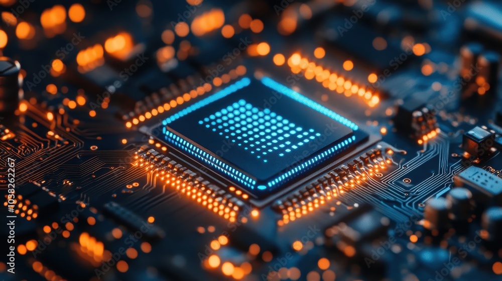 Poster close-up view of a modern microprocessor on a circuit board illuminated by blue led lights