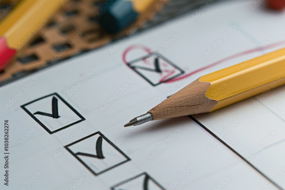Aufkleber completing a checklist for tasks using a pencil on a sheet of paper