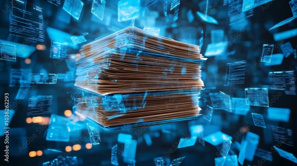 Aufkleber stack of paper documents with holographic digital data