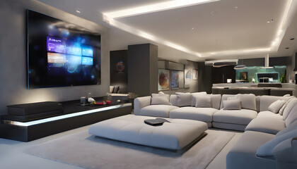Fototapeta premium Futuristic living room featuring integrated technology, smart furniture, and ambient lighting.