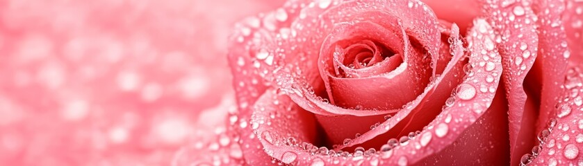 Pink rose with dew drops on petals, soft focus, delicate and fresh appearance.